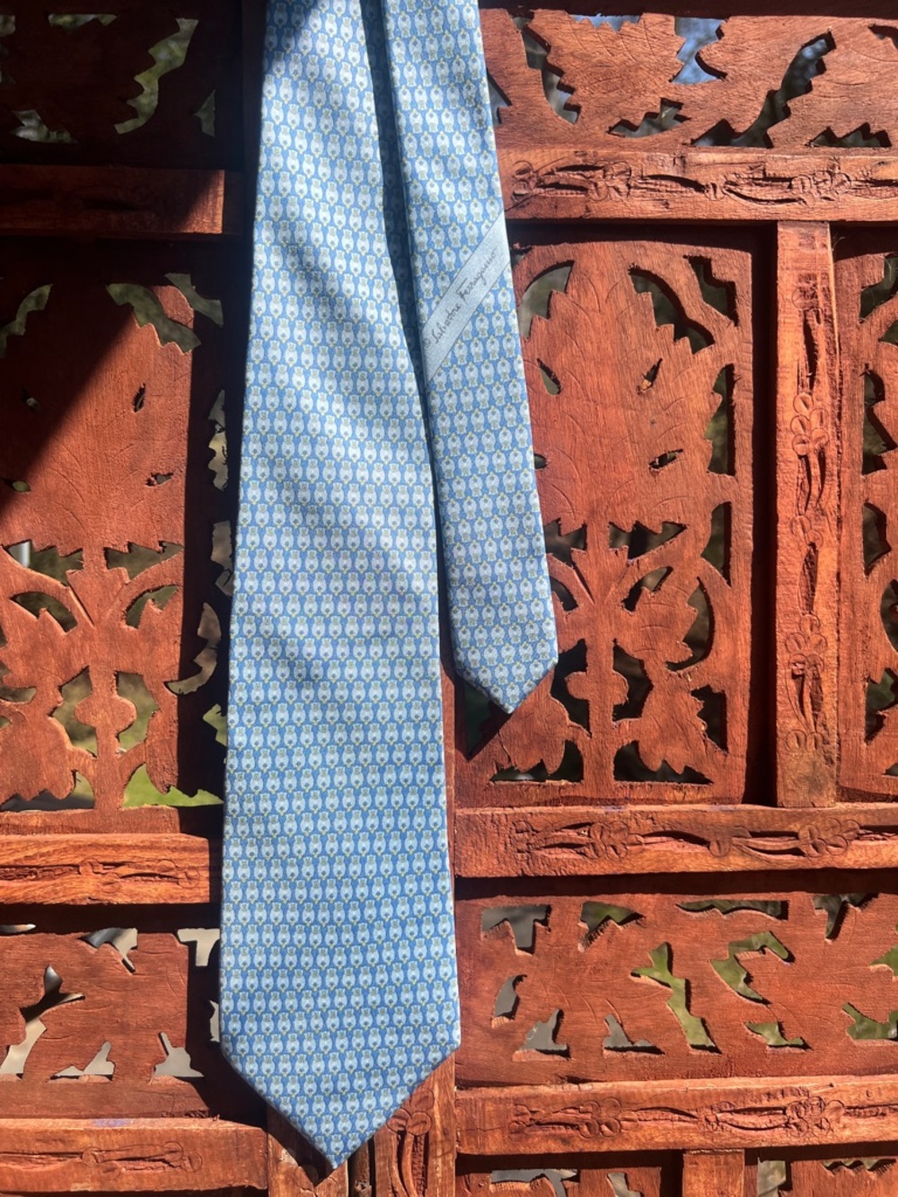 Salvatore Ferragamo Sky Heart Bear Blue Micro-Pattern Silk Tie